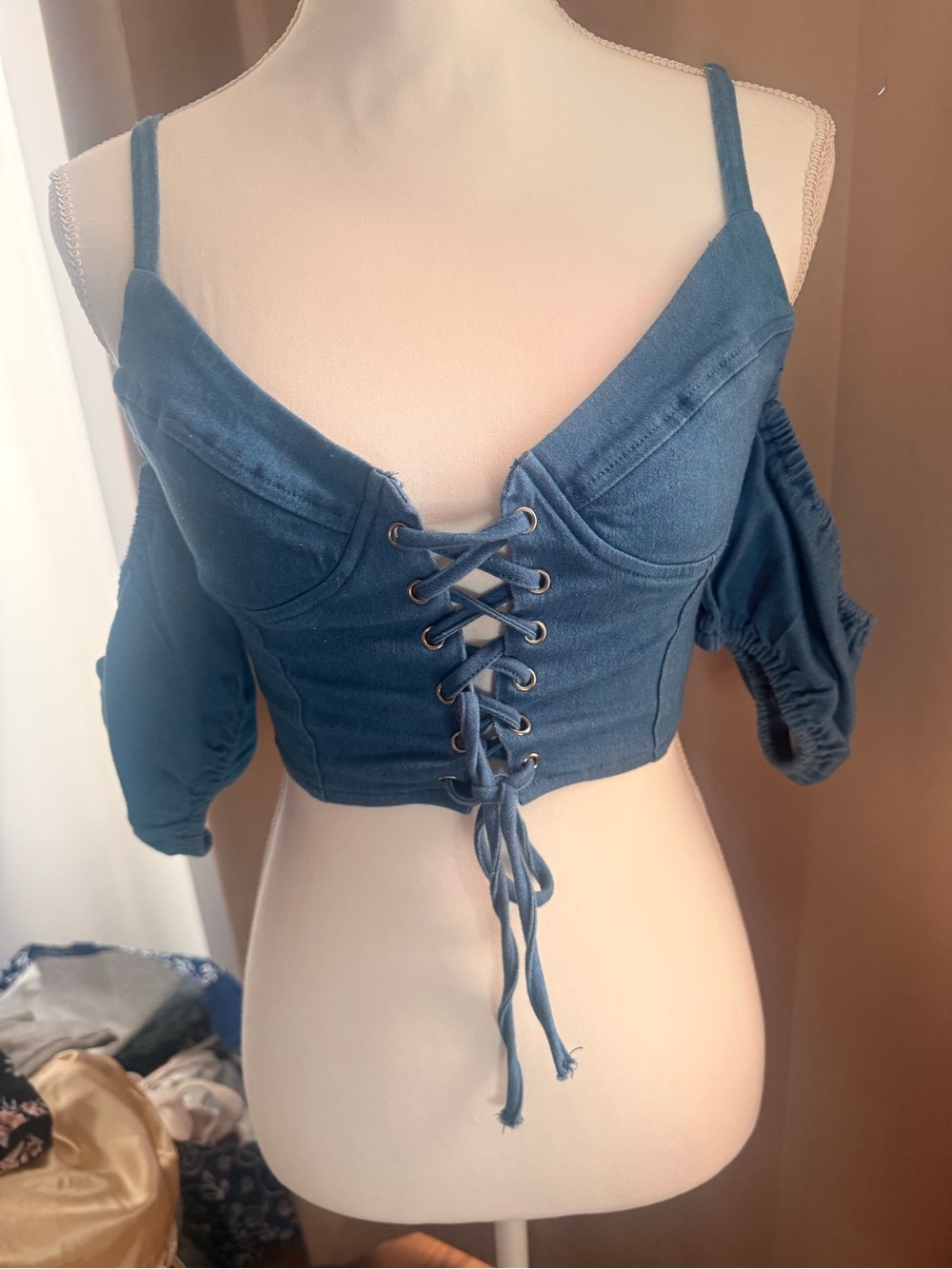 Women's Blue Lace-Up Cold Shoulder Crop Top